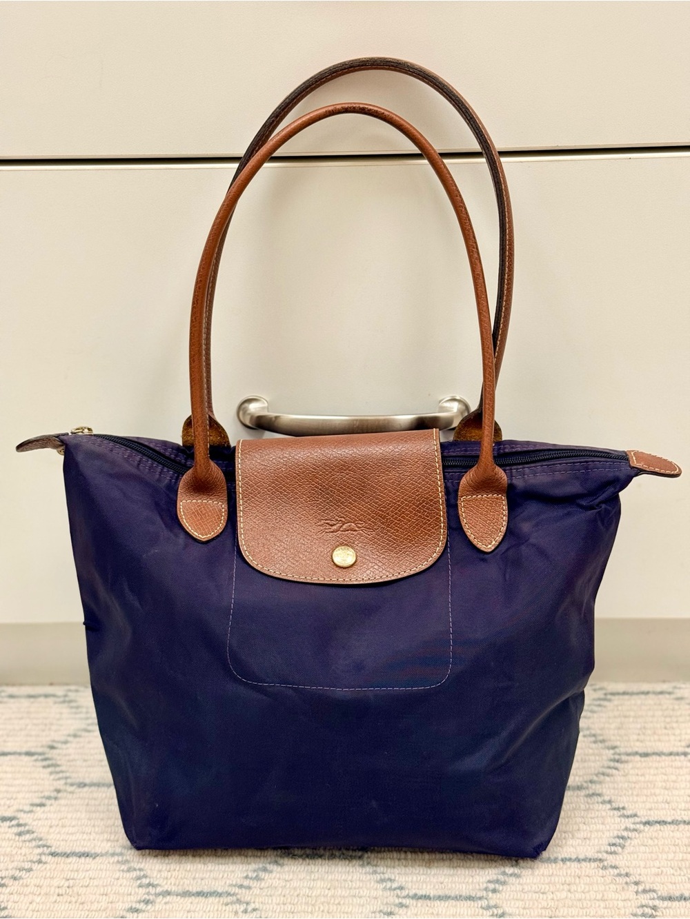 LONGCHAMP Y2K Le Pliage Original Classic Purple Nylon Leather Trim Shopping Tote